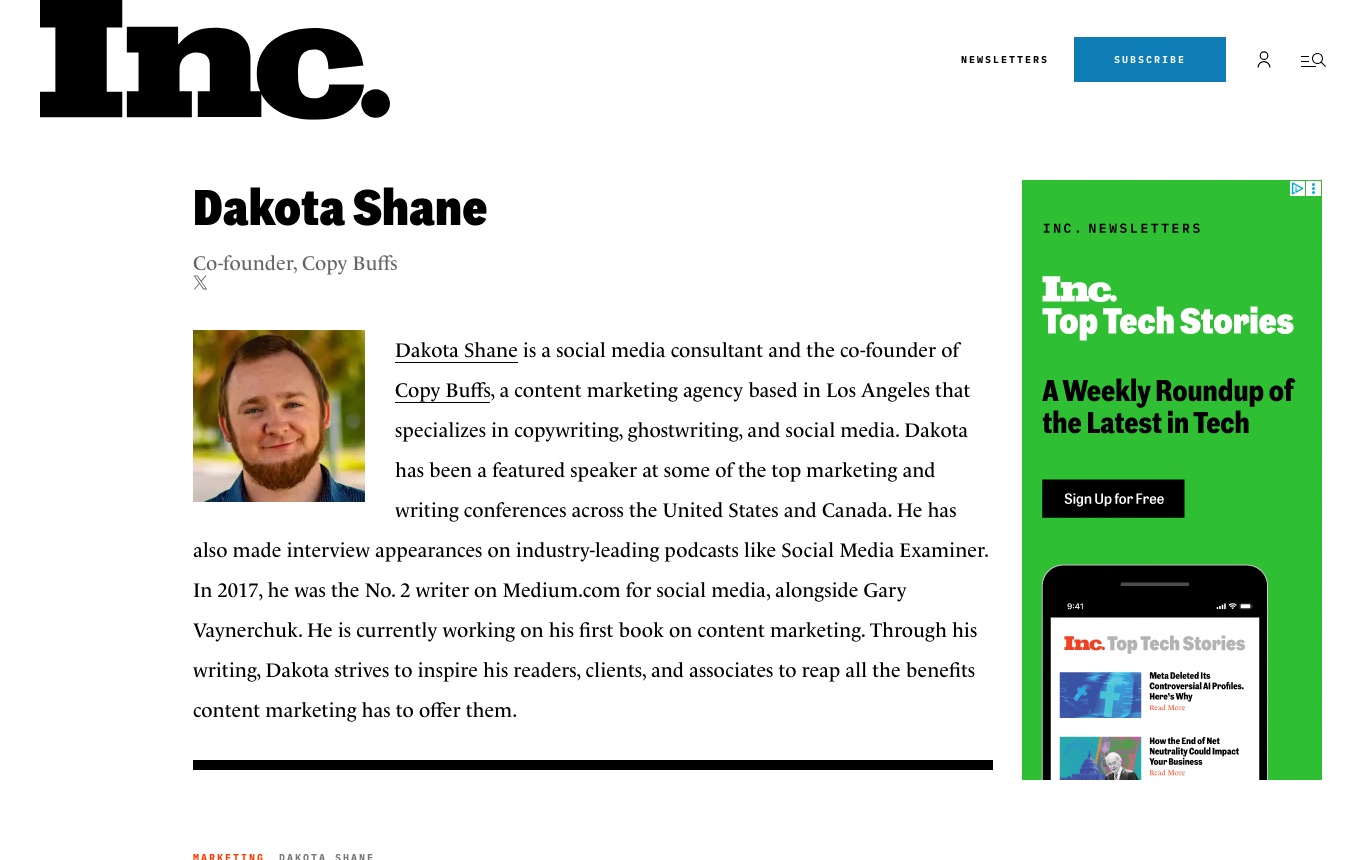 Dakota Shane's Inc.com columnist page