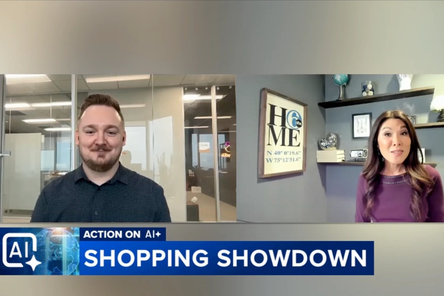 Dakota Shane Nunley in a split-screen 6abc Action News interview with Nydia Han about AI shopping tools.